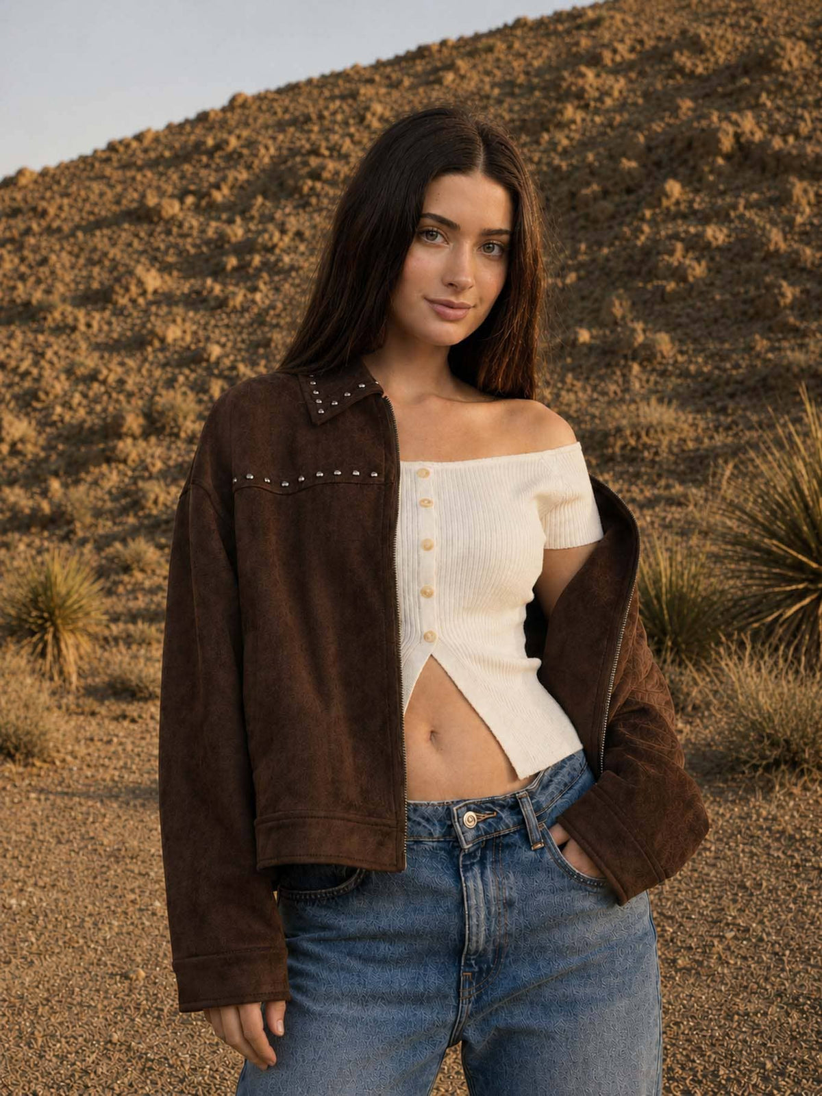 STUDDED COLLARED ZIP-UP SUEDE JACKET