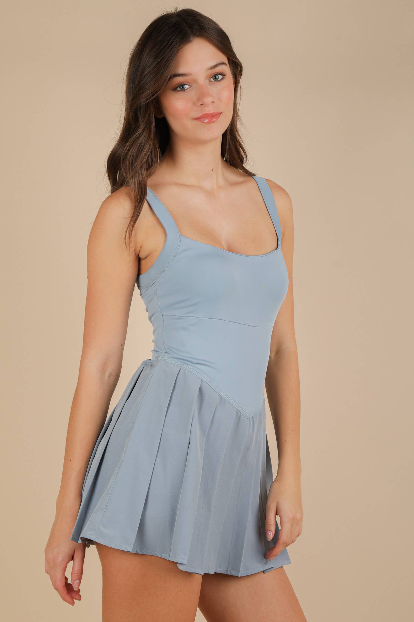 ND31725-Pleated Skirt Activewear Dress W/ Under Shorts