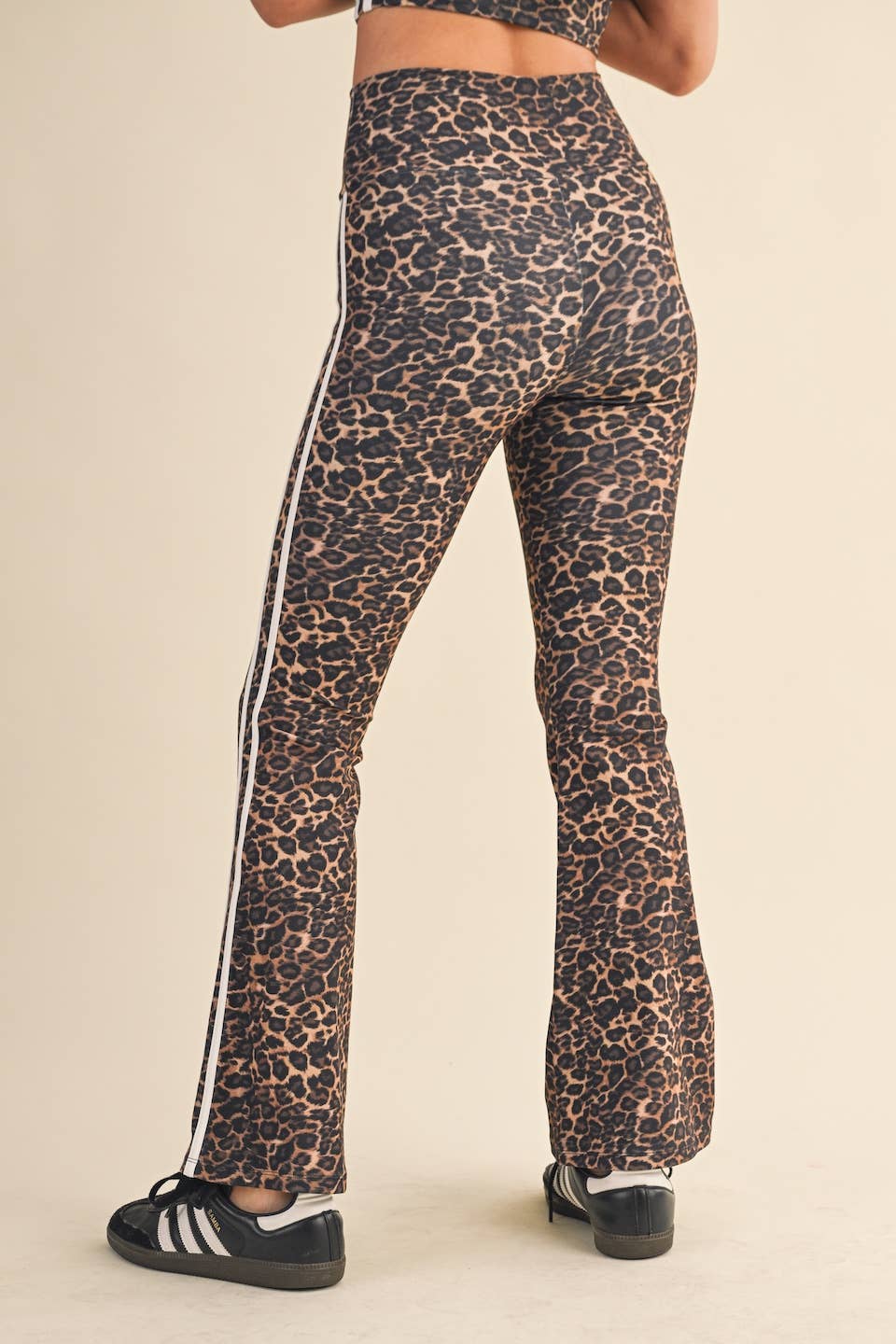Leopard Print High Waist Flare Pants with Side Stripe