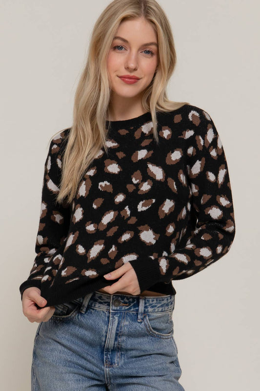 Long Sleeve Crew Neck Animal Jacquard Sweater Top