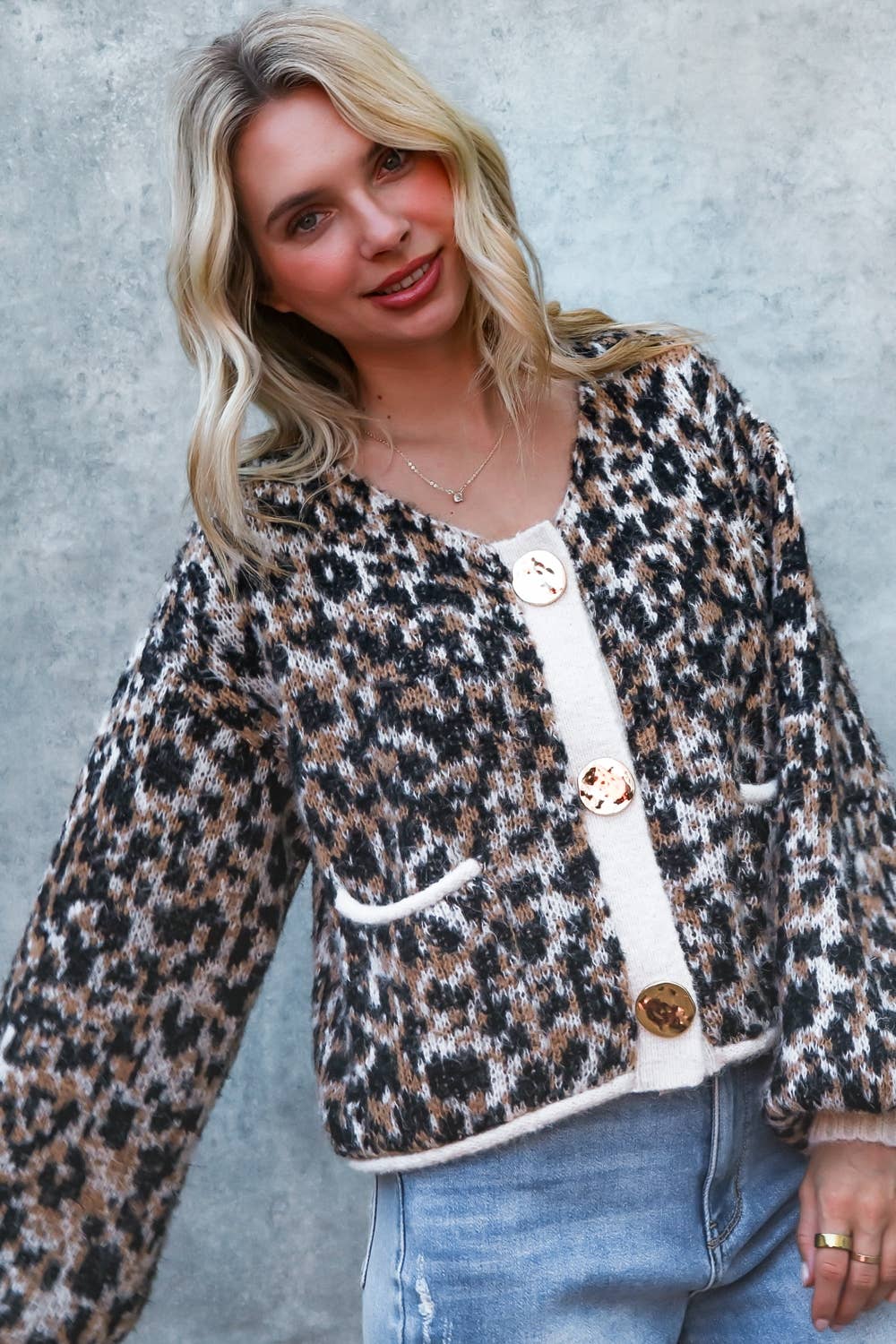LEOPARD LONG SLEEVE CARDIGAN WITH GOLD BUTTON