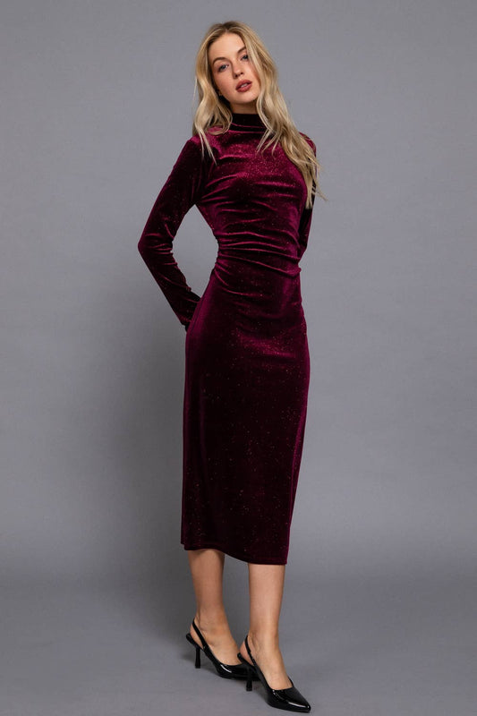 Long Sleeve High Neck Shirring Glitter Velvet Long Dress
