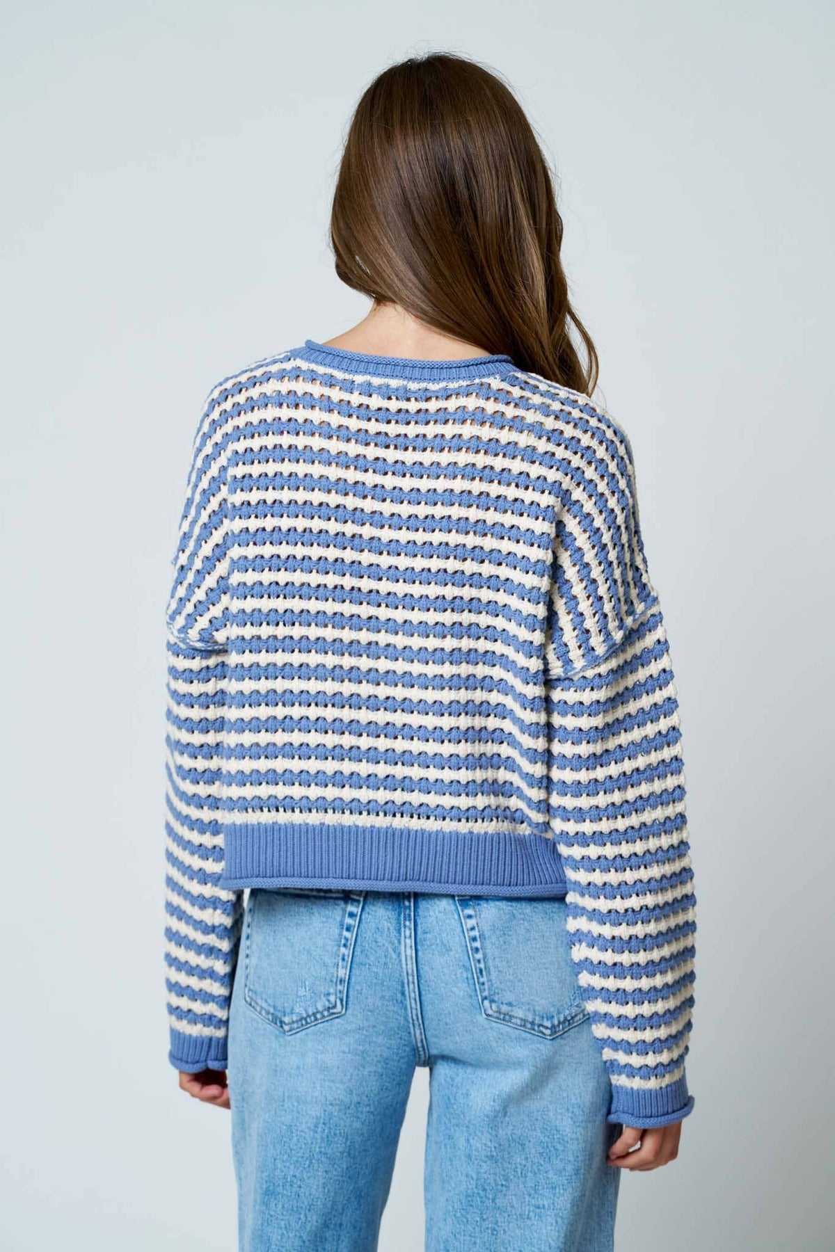 TEXTURED STRIPE CROCHET KNIT BUTTON DOWN CARDIGAN
