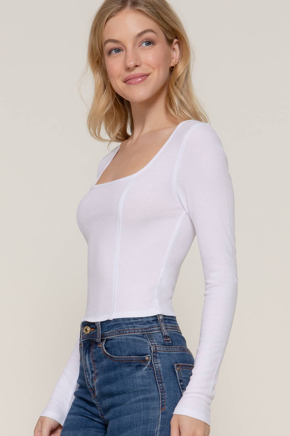 Long Sleeve Square Neck Corset Detail Knit Top
