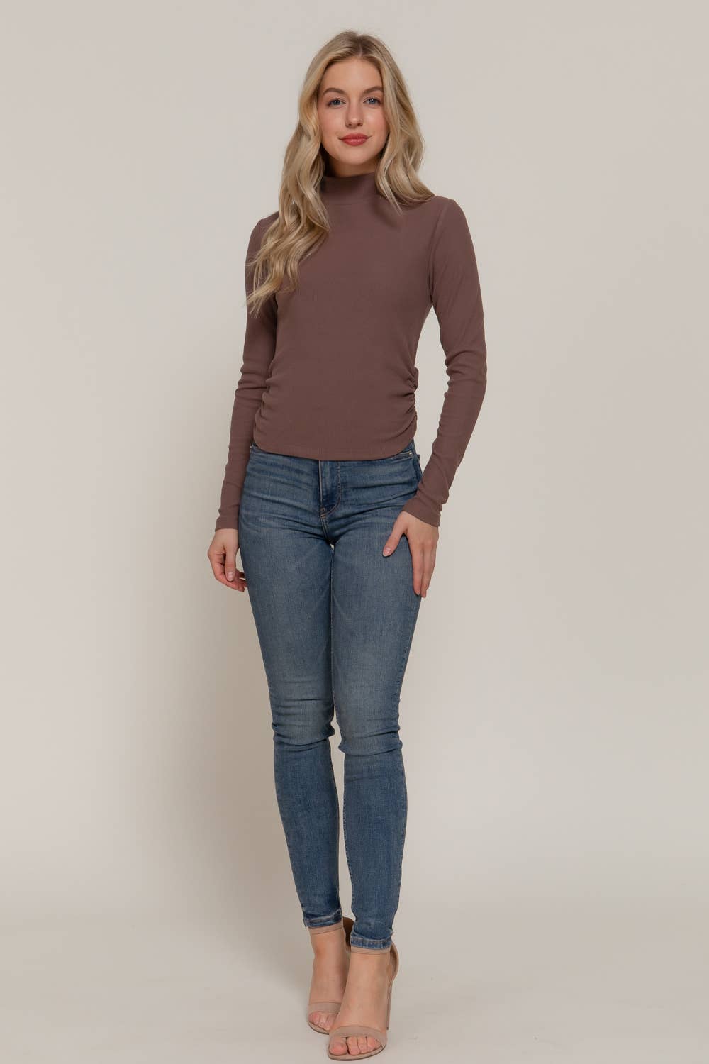 Long Sleeve Turtle Neck Side Detail Brushed Rib Top