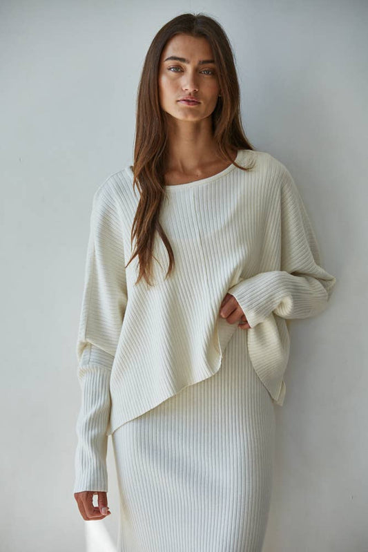 W2288T | Knit Sweater Ribbed Round Neck Long Sleeve Top