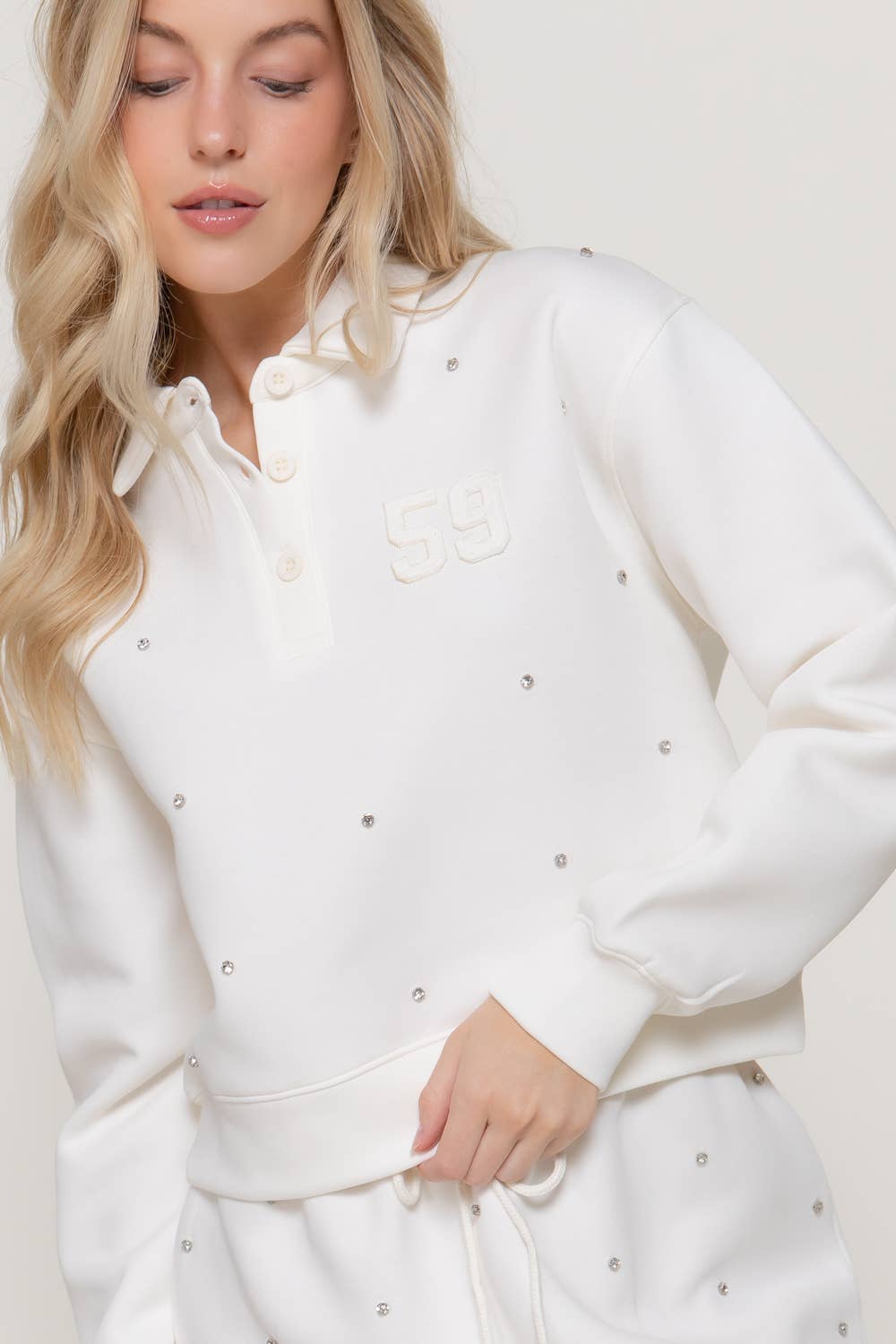 Long Sleeve with Embellished Scuba Polo Top