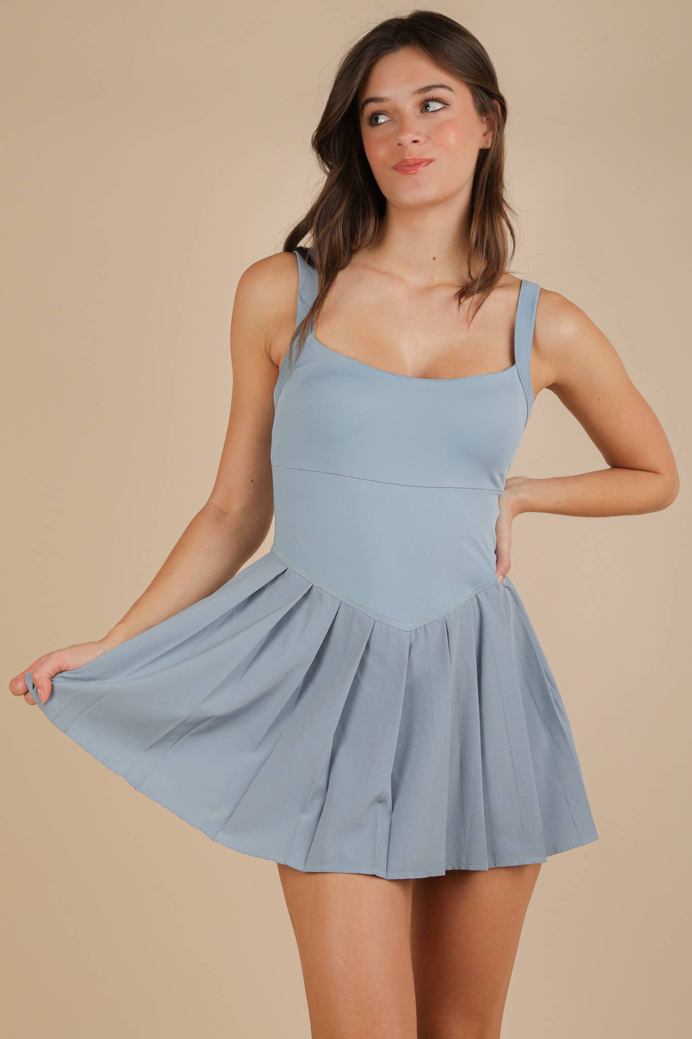 ND31725-Pleated Skirt Activewear Dress W/ Under Shorts