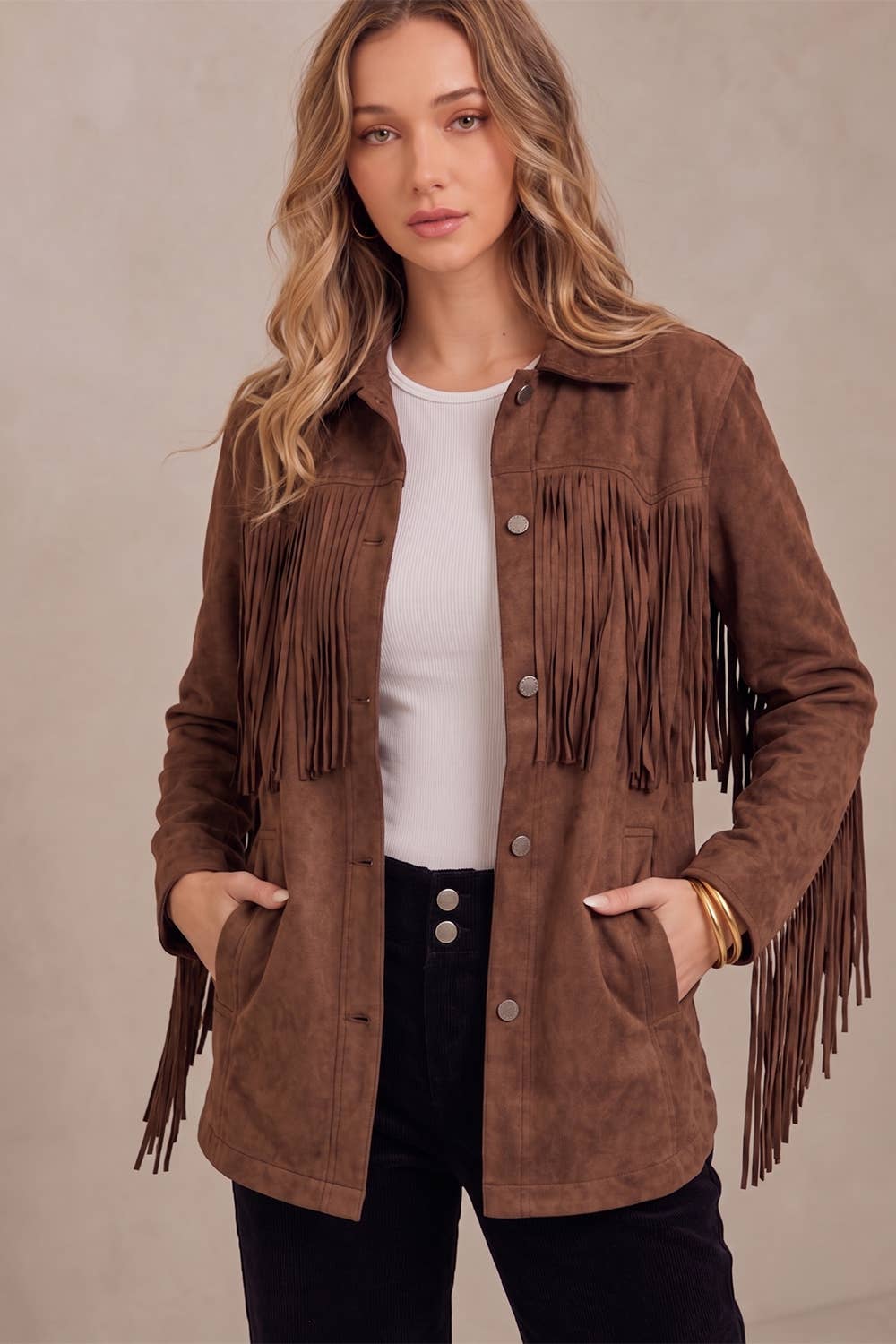 RELAXED FIT FAUX SUEDE FRINGE CASUAL JACKET