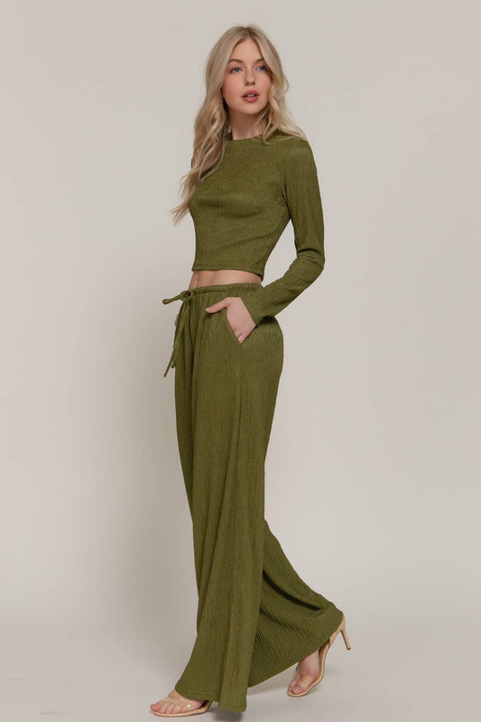 Long Sleeve Crew Neck Top & Waist Tie Long Pants Set