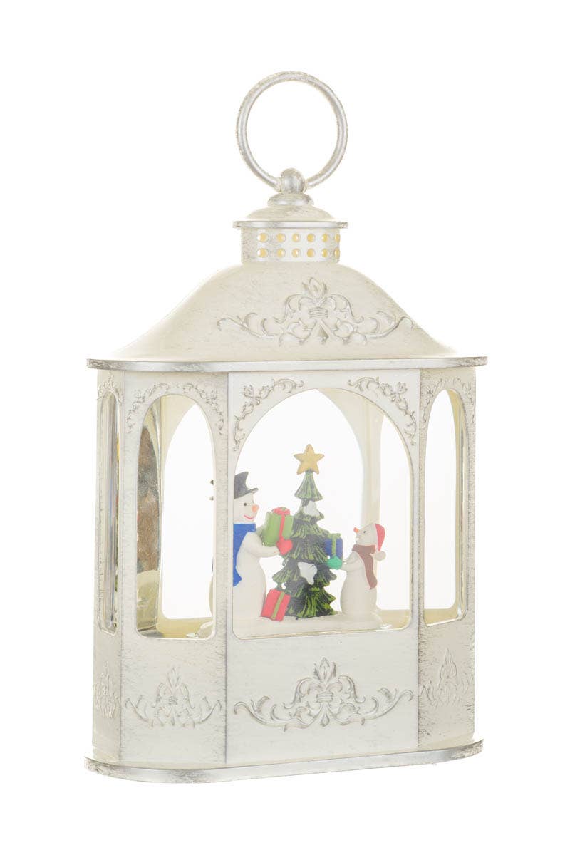 NEW-White Led Lantern Snow Globe W/ Snowmen & Presents