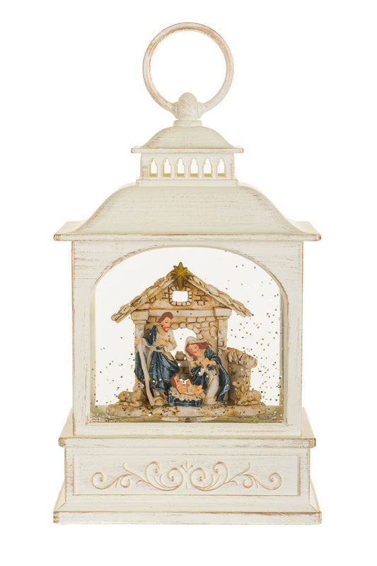 NEW-Musical White Led Lantern Snow Globe With Nativity Scene
