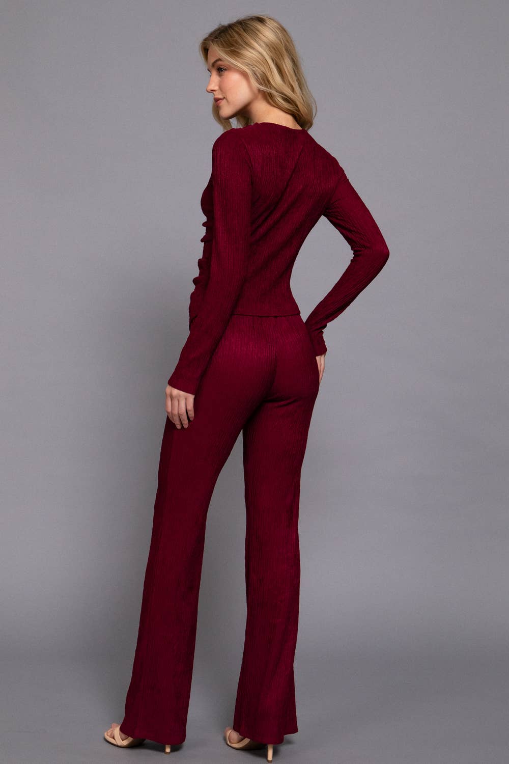 Long Sleeve Draped Top & Waist Band Flare Pants Set