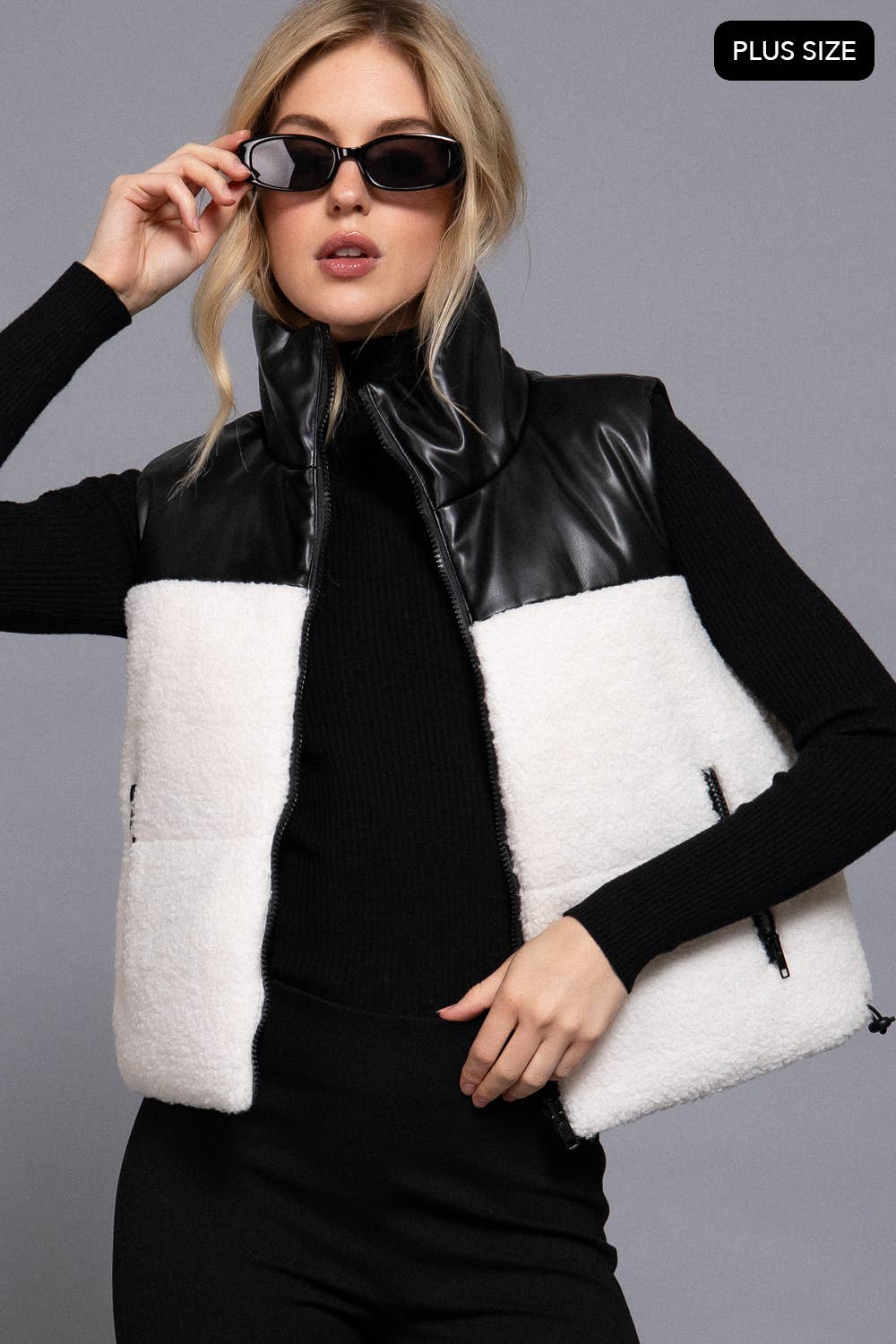 Reversible Faux Leather-Sherpa Contrast Padding Crop Vest
