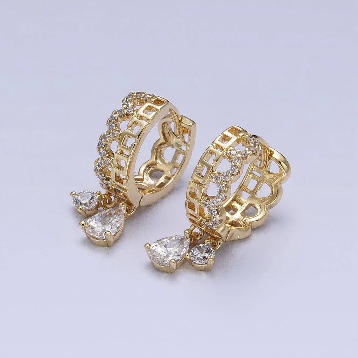 Gold Filled Clear Teardrop CZ Double Drop Geometric Earrings