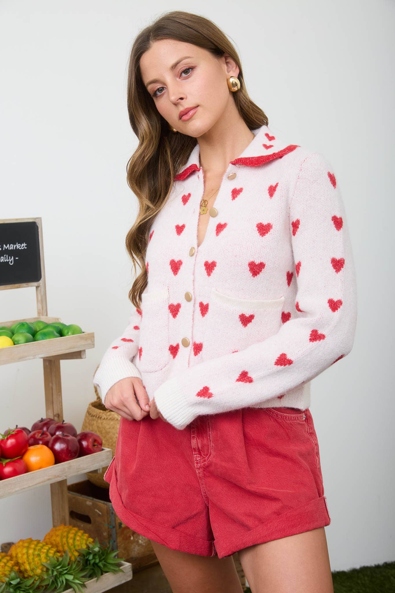 HEART PATTERN SCALLOP COLLAR BUTTON DOWN CARDIGAN