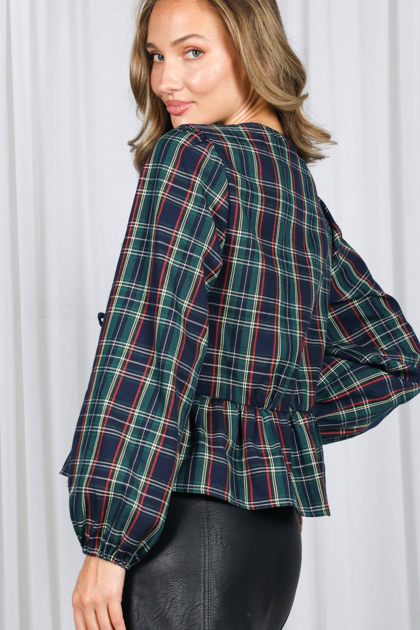 Front Elastic Shirring & Tie Plaid Blouse Top VT82890B
