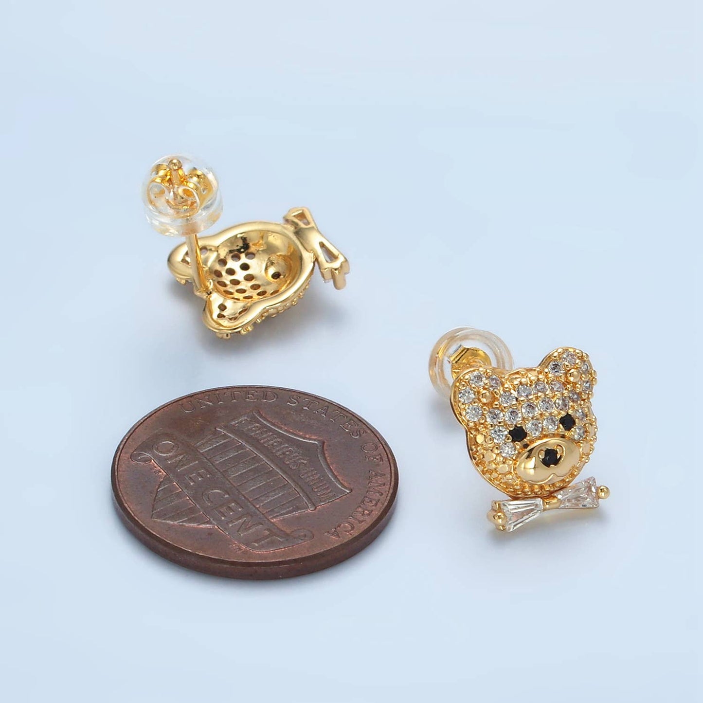 24K Gold Filled Baguette CZ Paved Teddy Bear Studs | AD741