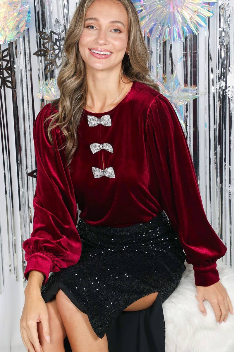 Sequin Bow Accent Luxe Velvet Blouse VT82764-