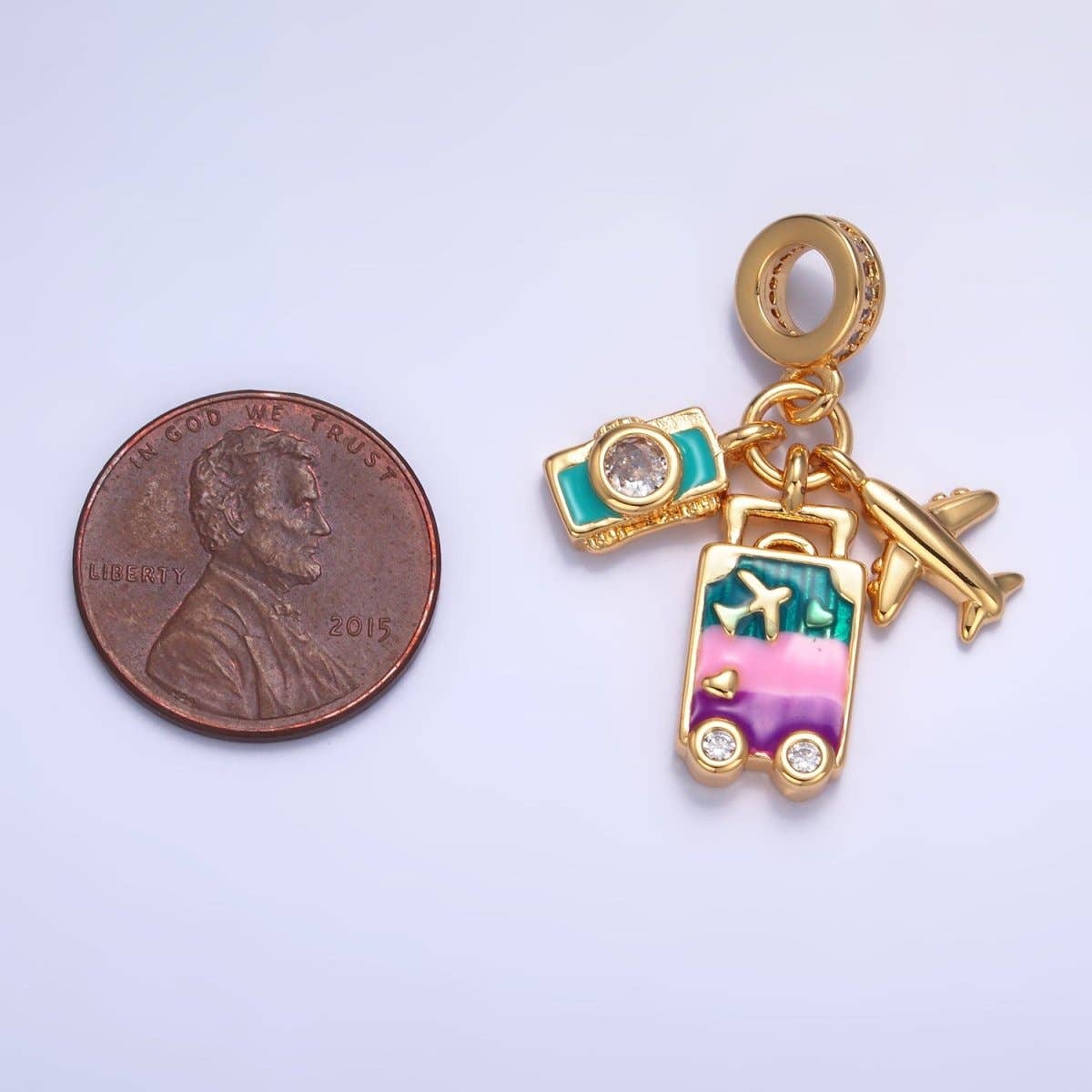 24K Gold Filled Suitcase Camera Airplane Travel CZ Rhondelle Drop Pendant | W444