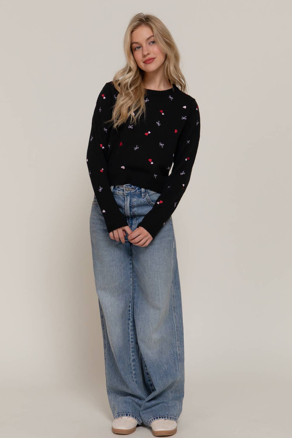 Long Sleeve Round Neck All Over Embroidery Sweater
