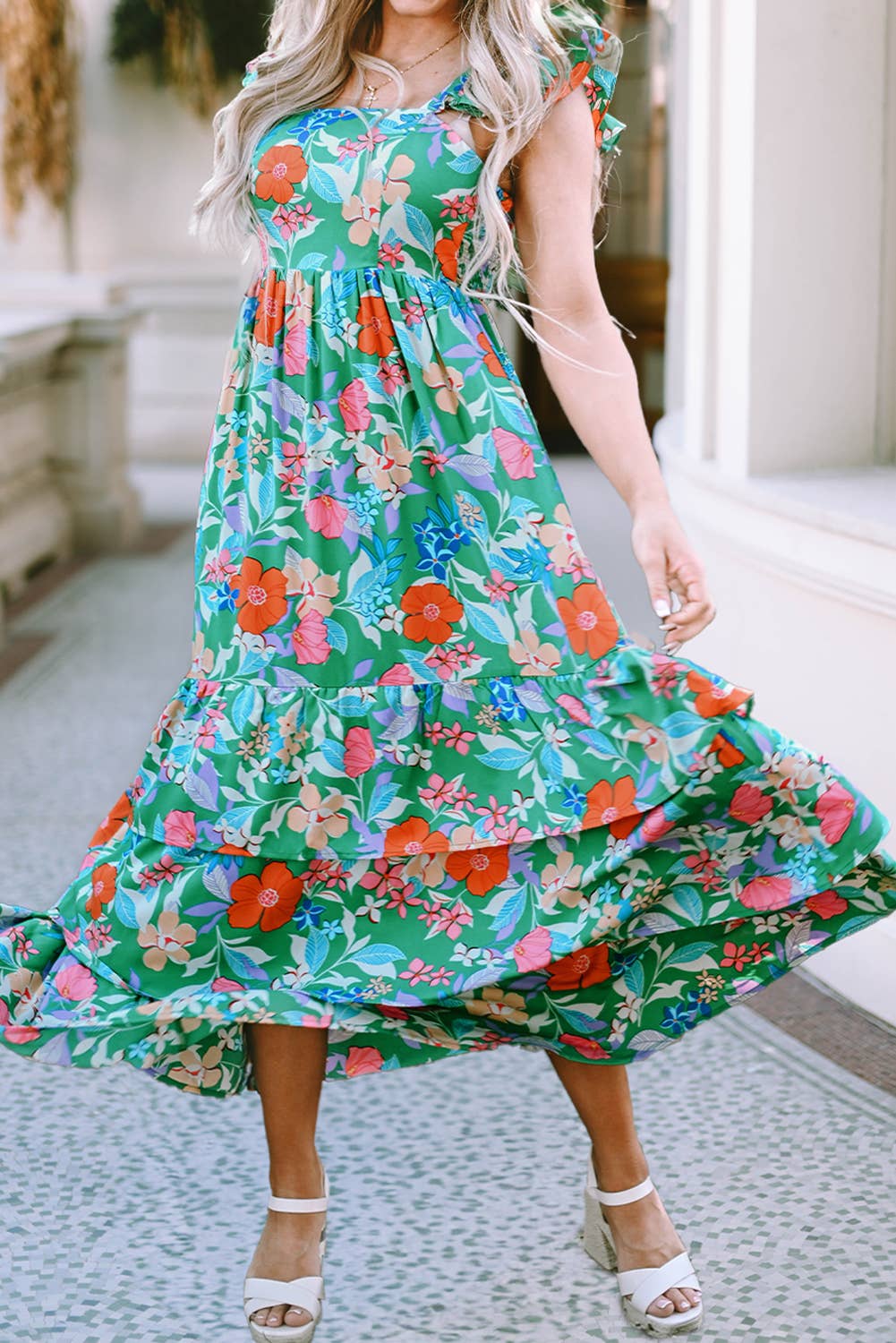 Floral Print Sleeveless Ruffle Tiered Maxi Dress