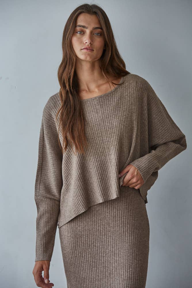 W2288T | Knit Sweater Ribbed Round Neck Long Sleeve Top