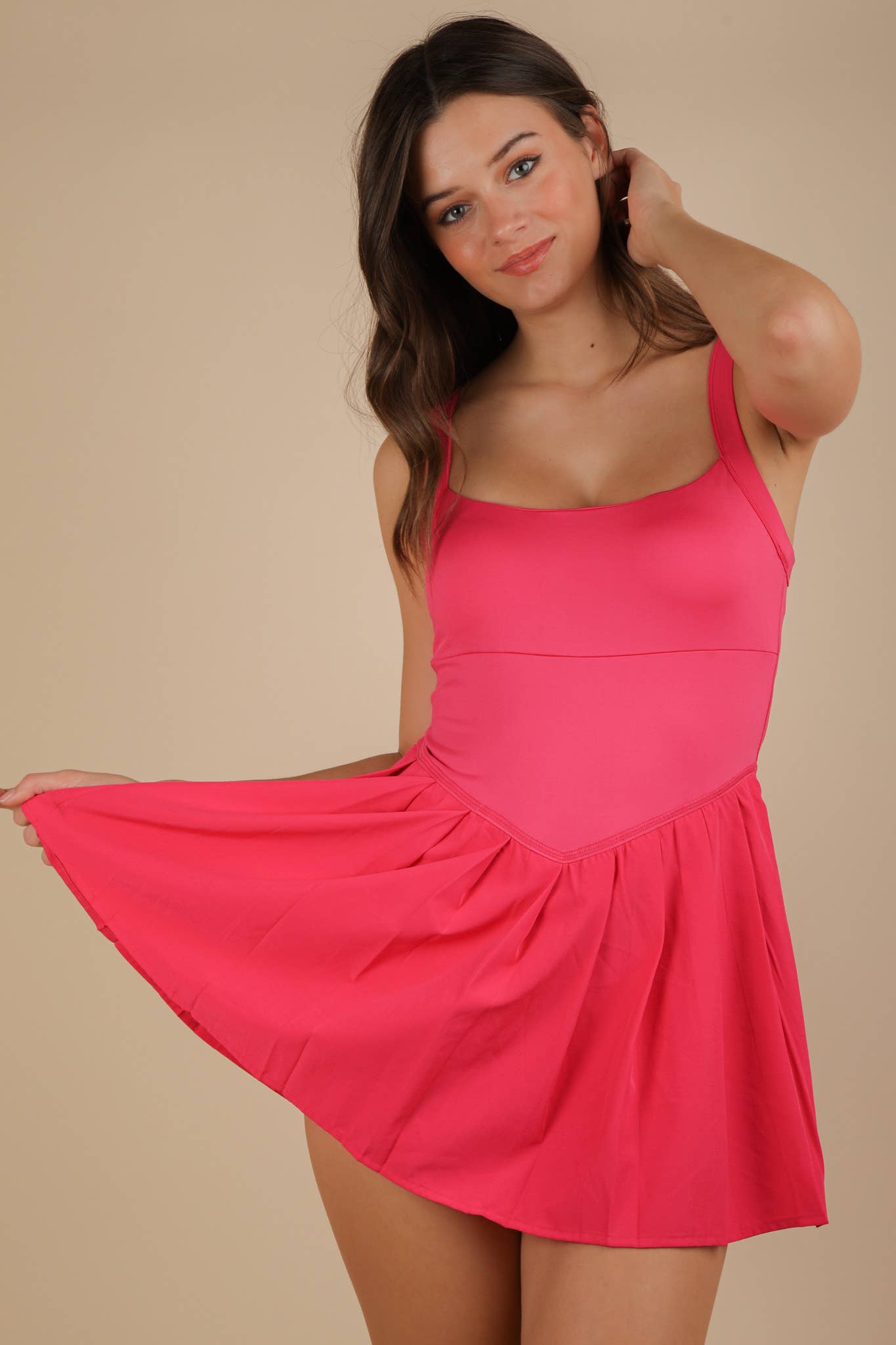 ND31725-Pleated Skirt Activewear Dress W/ Under Shorts