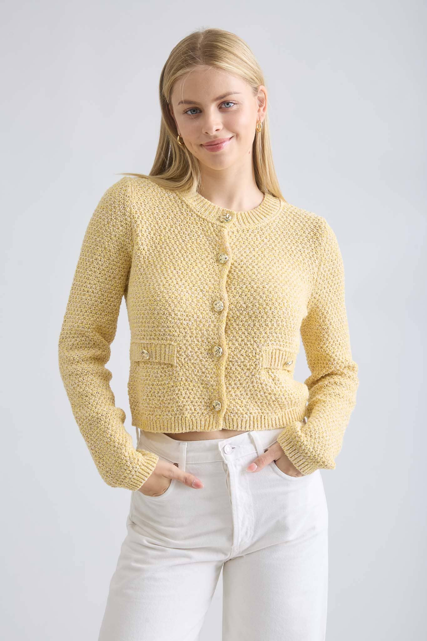 MARLED GOLD BUTTON ROUND NECK KNIT CARDIGAN