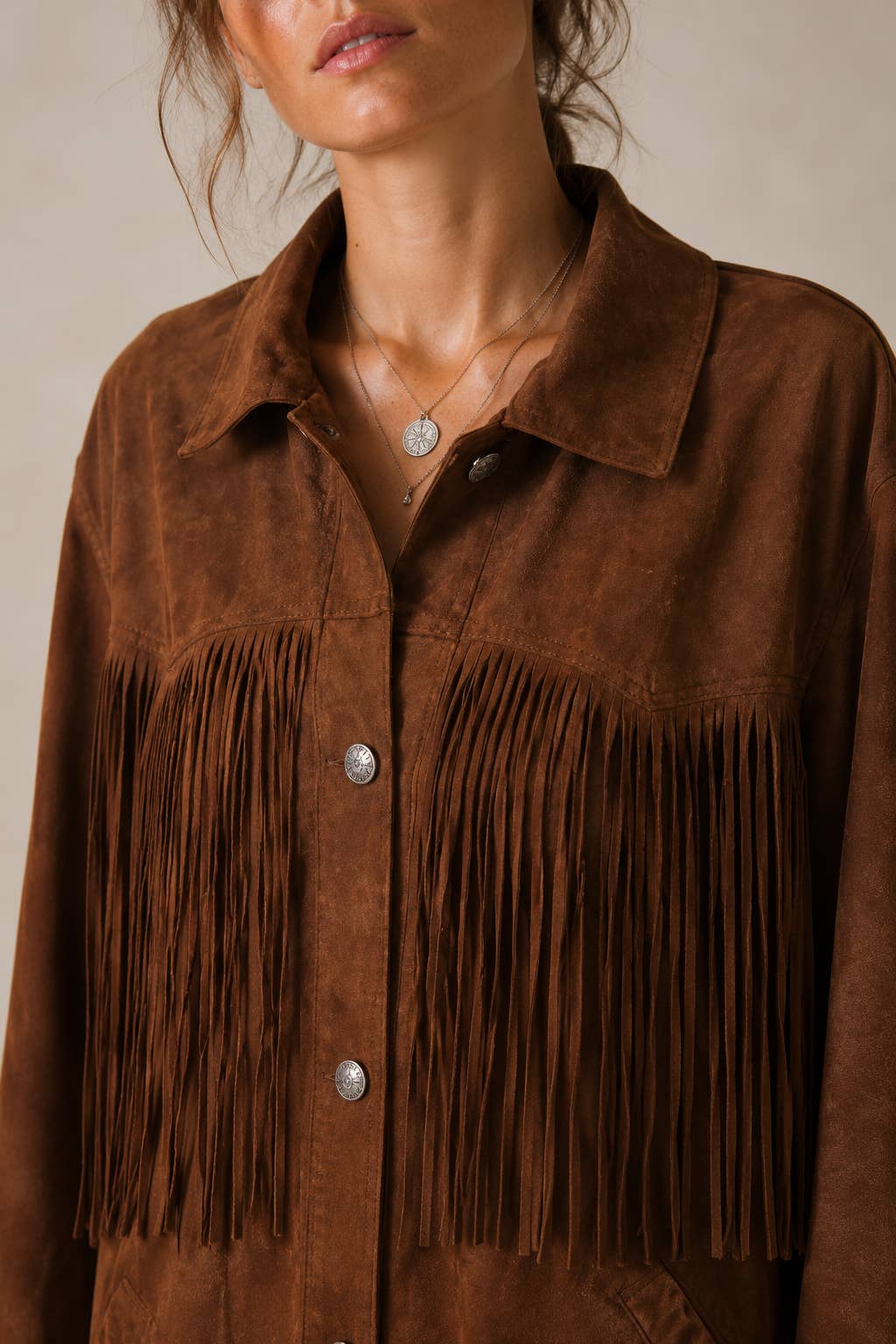 RELAXED FIT FAUX SUEDE FRINGE CASUAL JACKET
