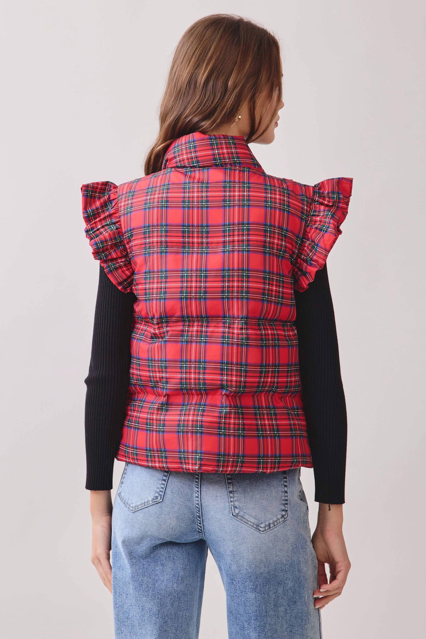 CV1277-Plaid Ruffled Shoulder Detail Puffer Vest