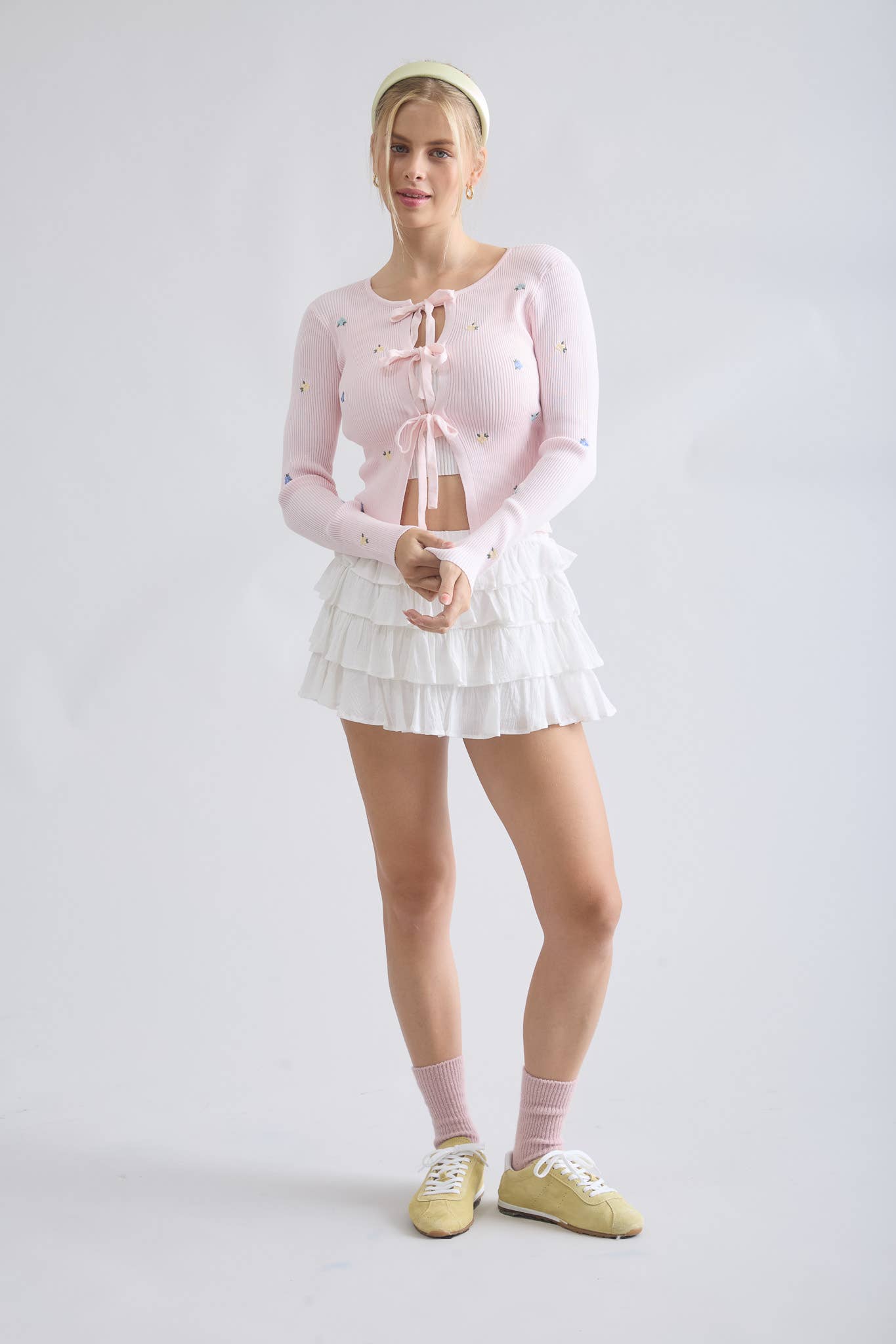 FLORAL EMBROIDERY MULTI FRONT TIE KNIT CARDIGAN
