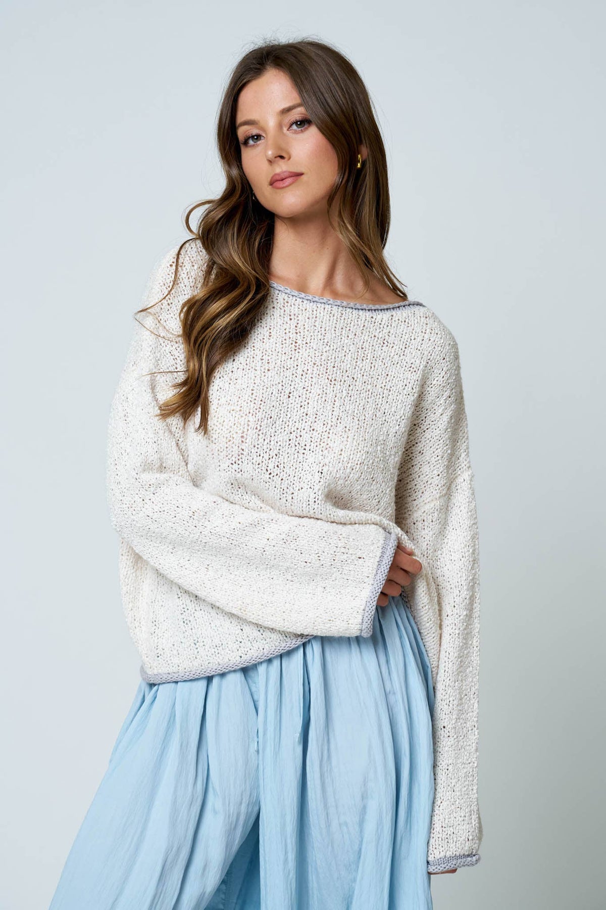 BOAT NECK CONTRAST TRIM LONG SLEEVE KNIT SWEATER