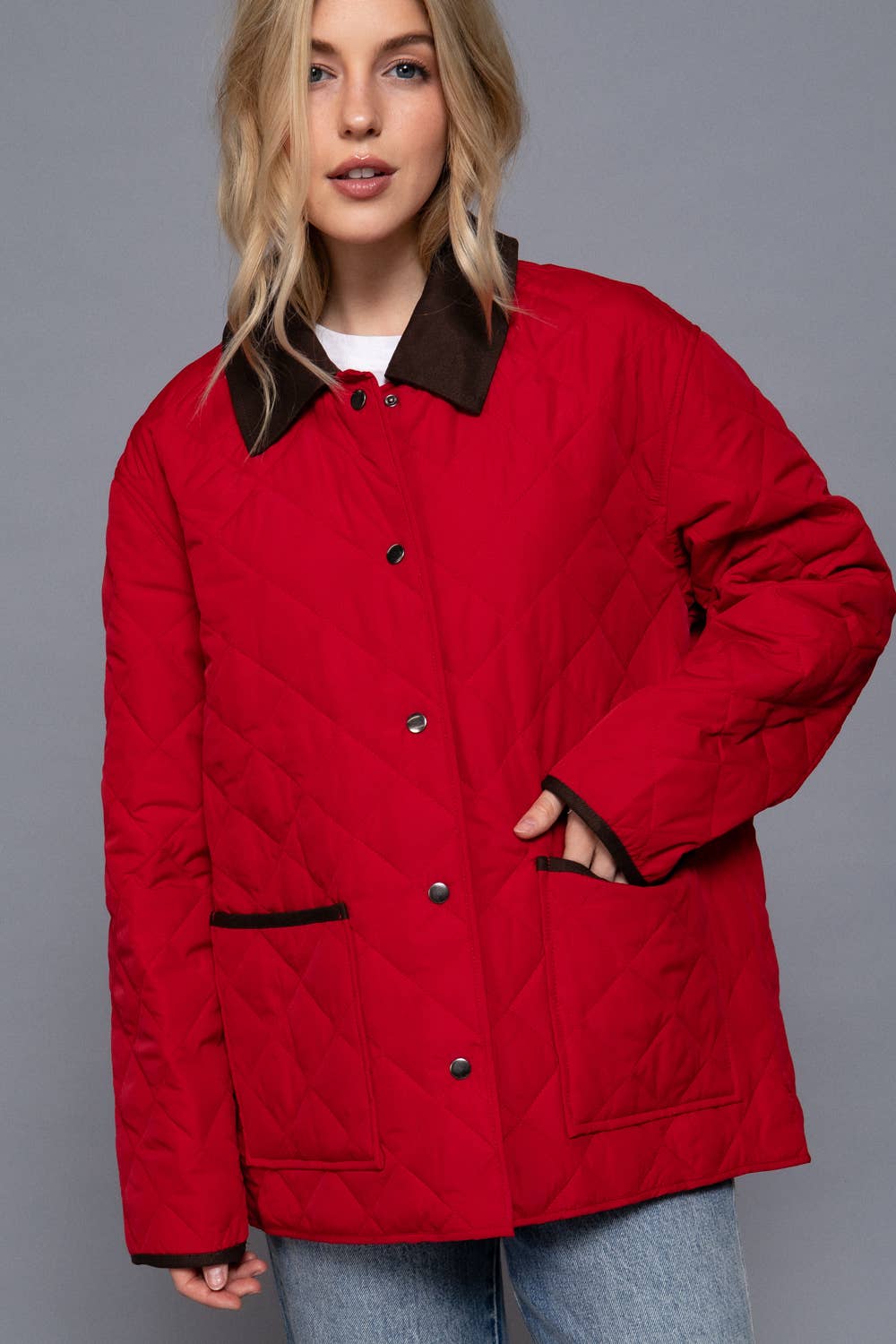 Long Sleeve Contrast Lapel Collar Quilted Puffer Work Jacket