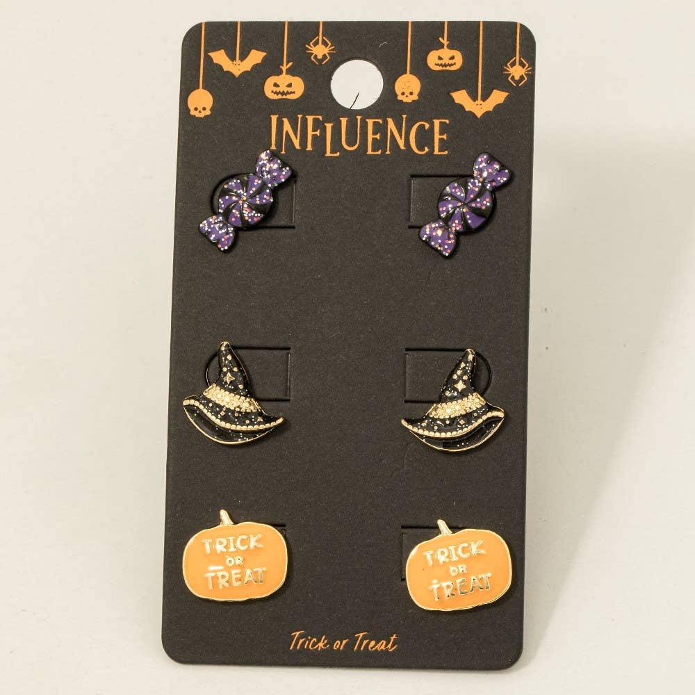 3Pc Mixed Enamel Halloween Stud Earrings Set