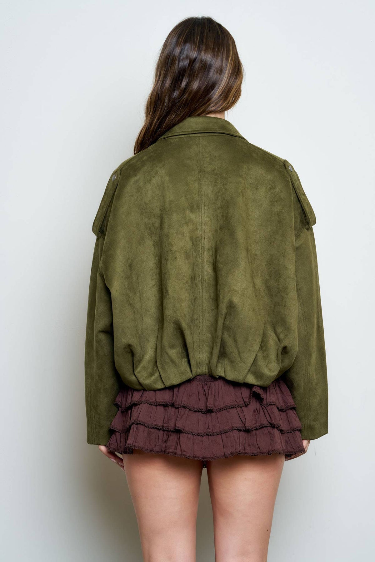 SUEDE EPAULET COLLARED ZIP-UP CROPPED JACKET