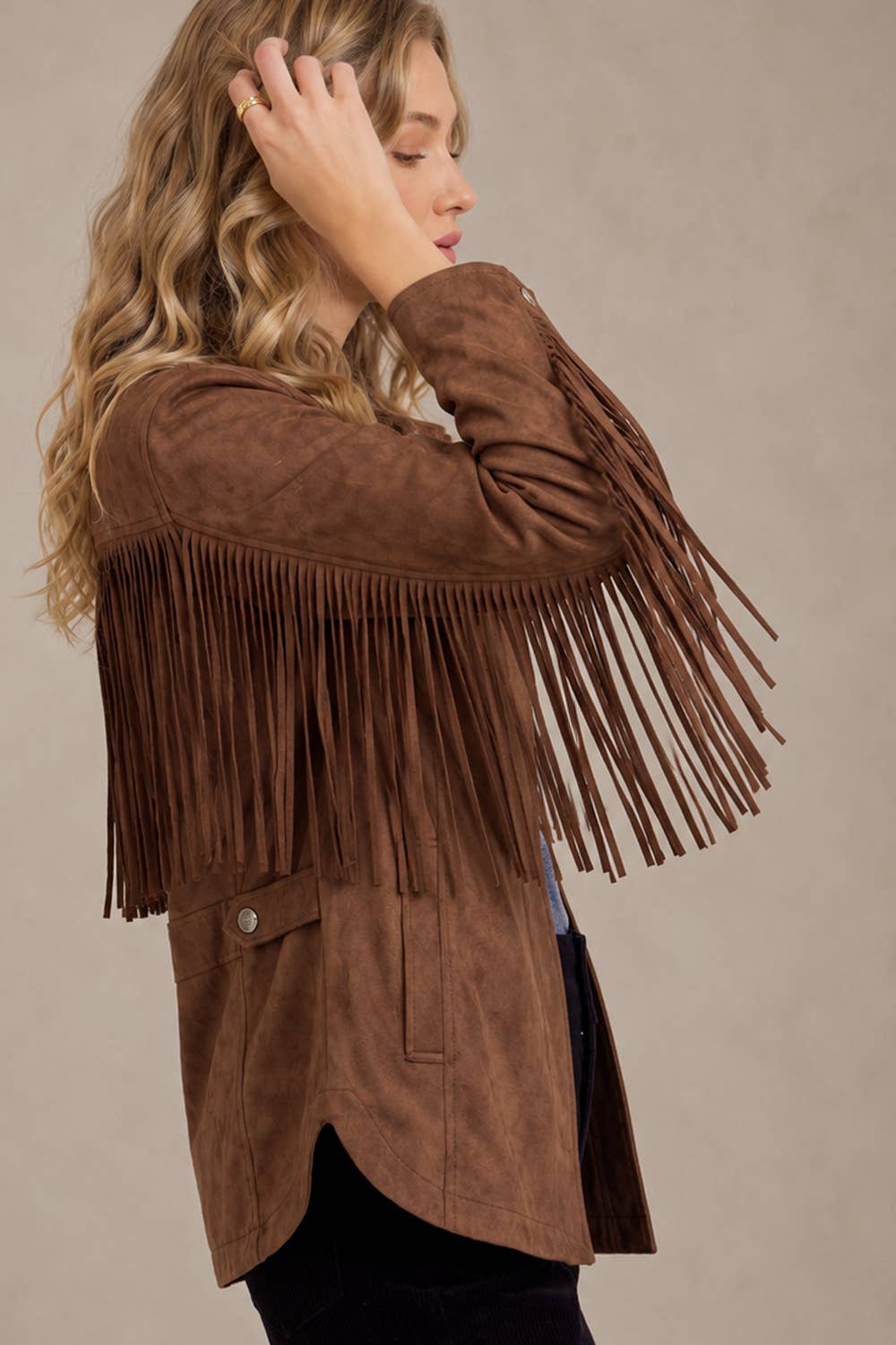 RELAXED FIT FAUX SUEDE FRINGE CASUAL JACKET