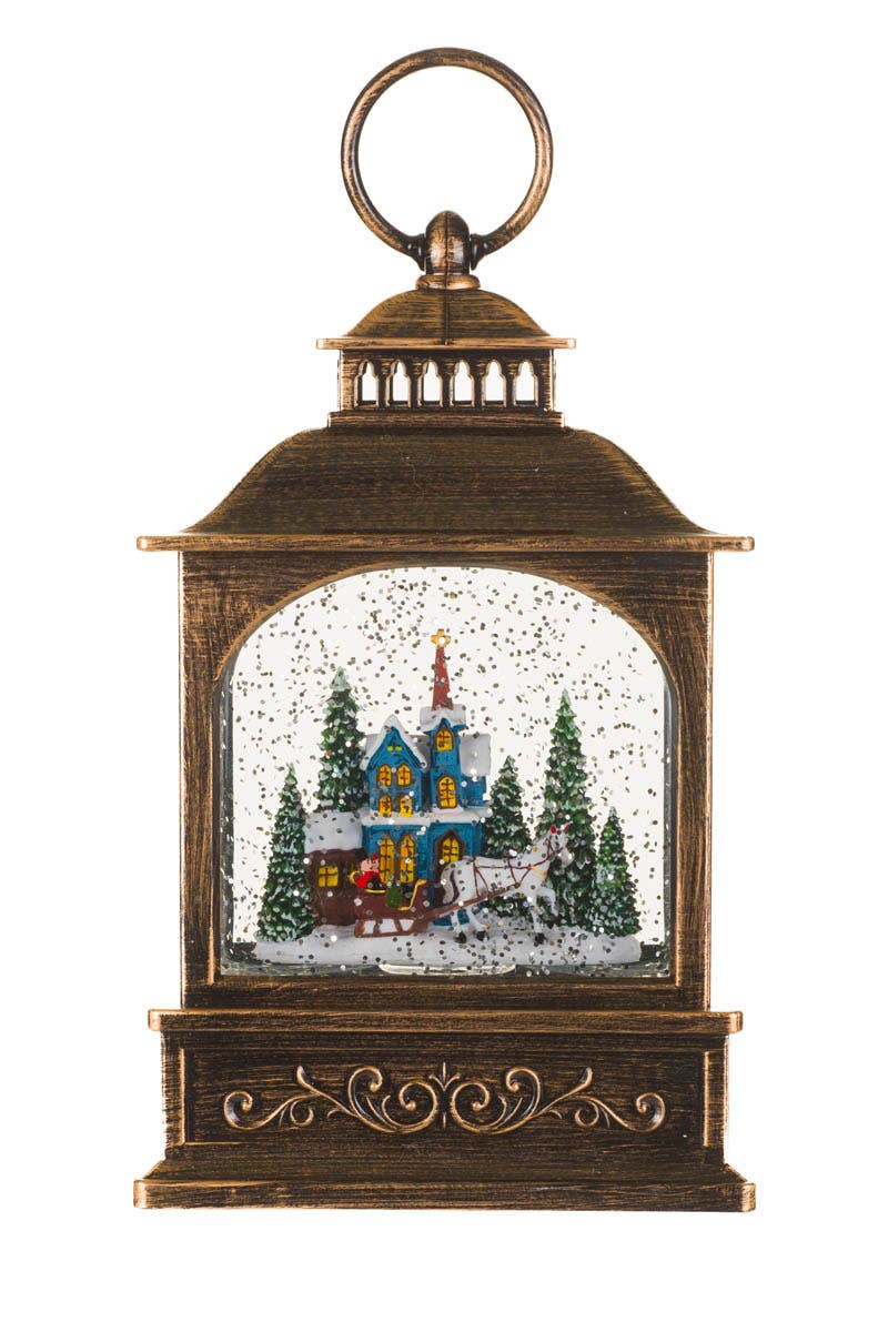 NEW-Bronze Led Lantern Snow Globe With Winter Joyride