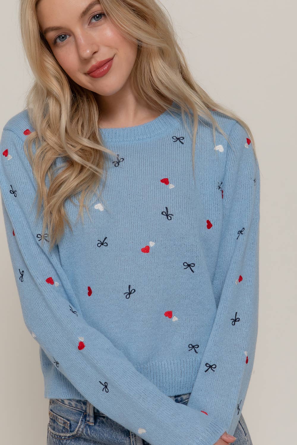 Long Sleeve Round Neck All Over Embroidery Sweater