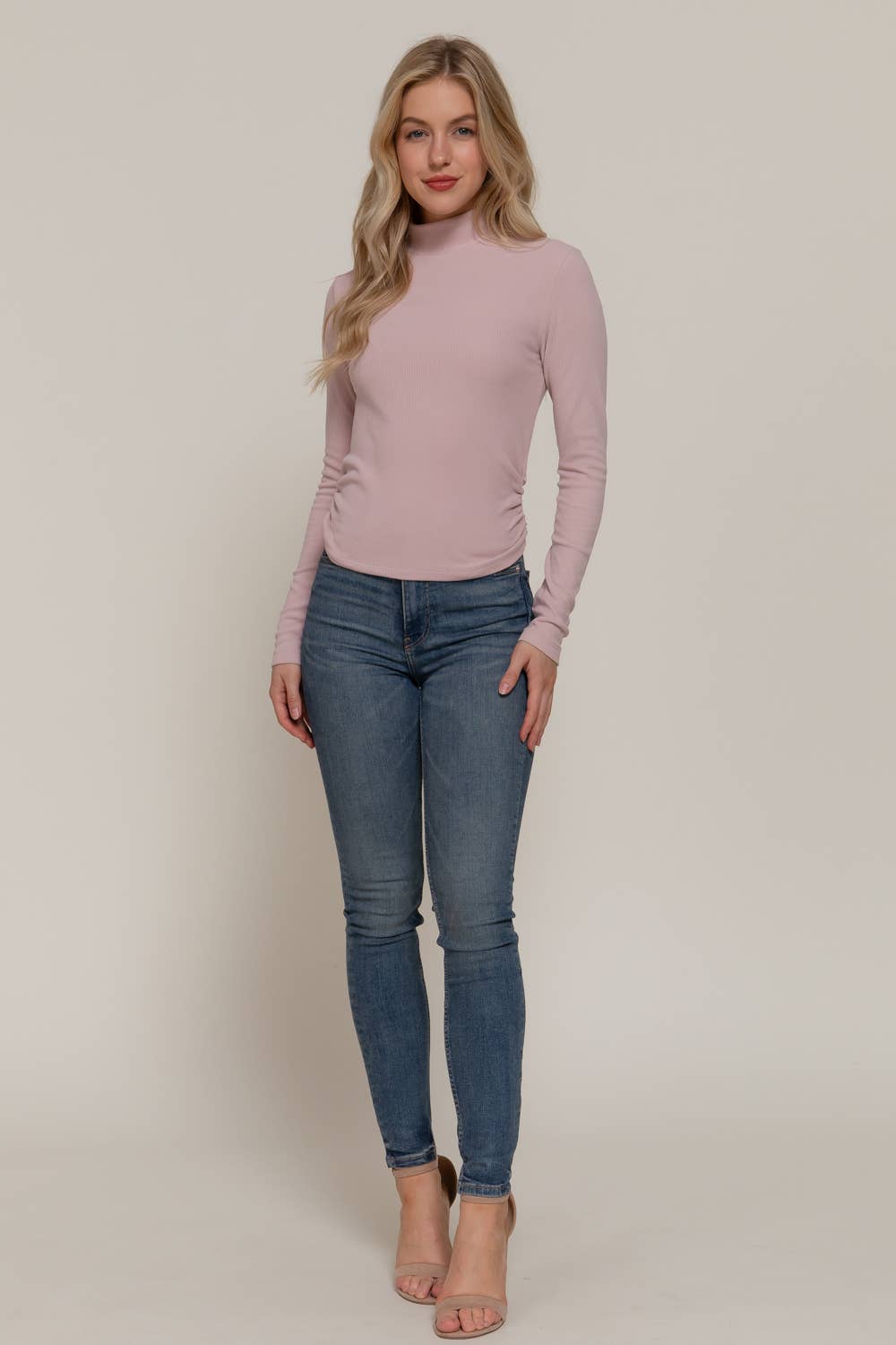 Long Sleeve Turtle Neck Side Detail Brushed Rib Top