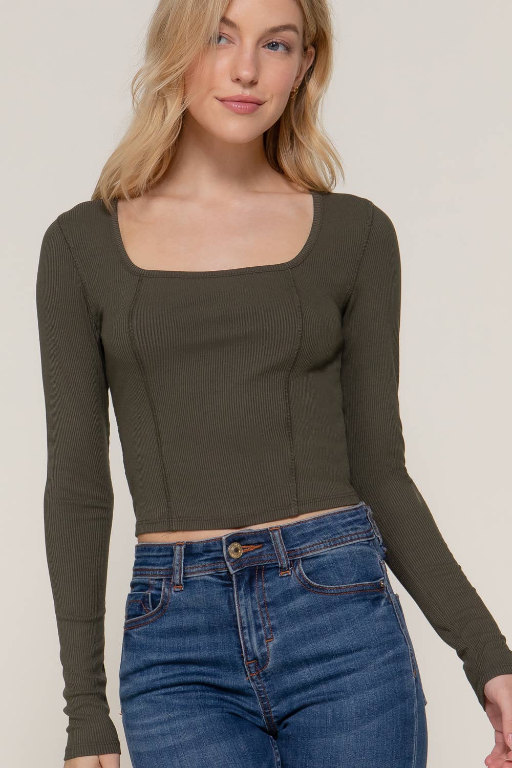 Long Sleeve Square Neck Corset Detail Knit Top