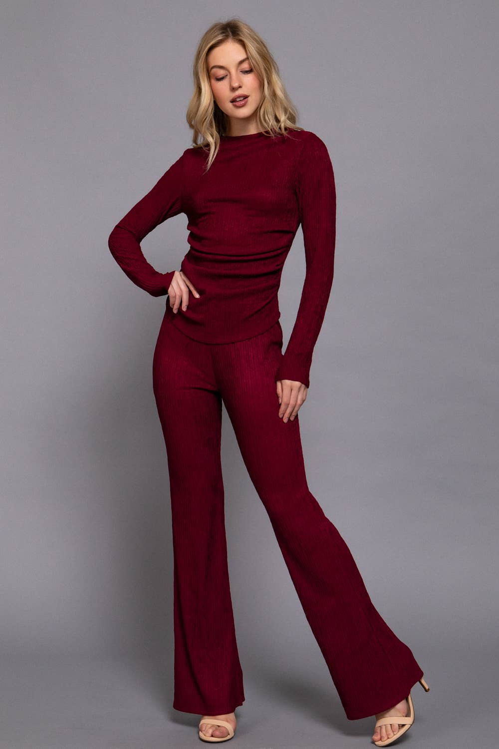 Long Sleeve Draped Top & Waist Band Flare Pants Set