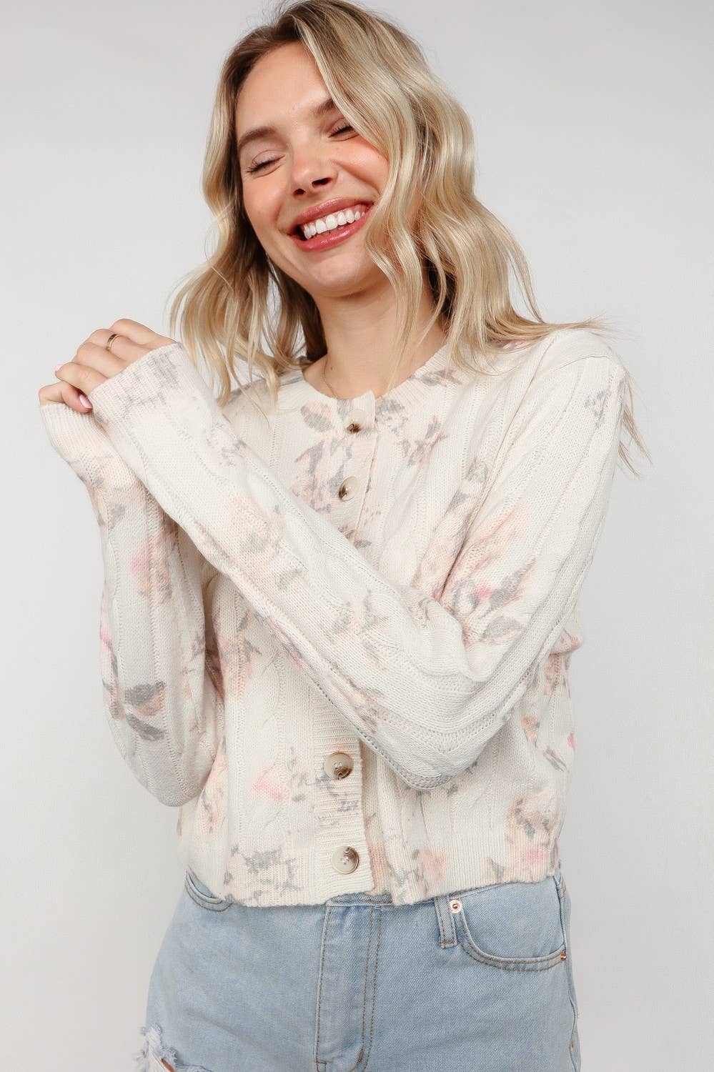 Button Down Floral Cable Sweater Cardigan