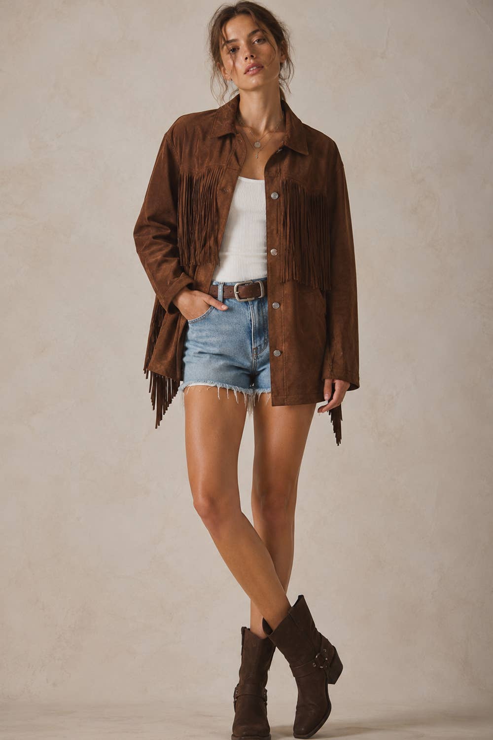 RELAXED FIT FAUX SUEDE FRINGE CASUAL JACKET