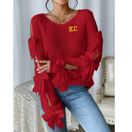 KC Embroidered Red Bow Sweater, Kansas City Chiefs