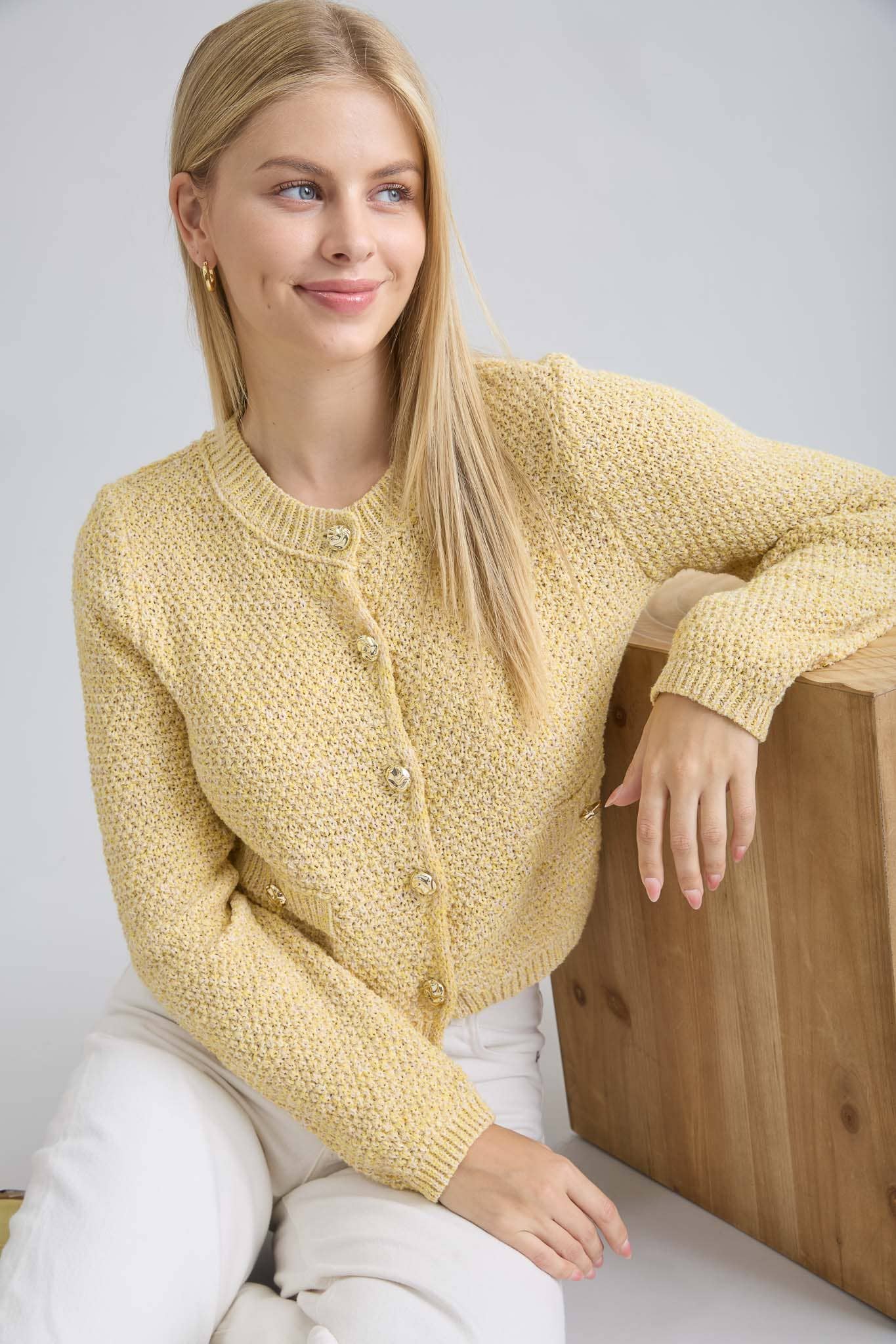 MARLED GOLD BUTTON ROUND NECK KNIT CARDIGAN