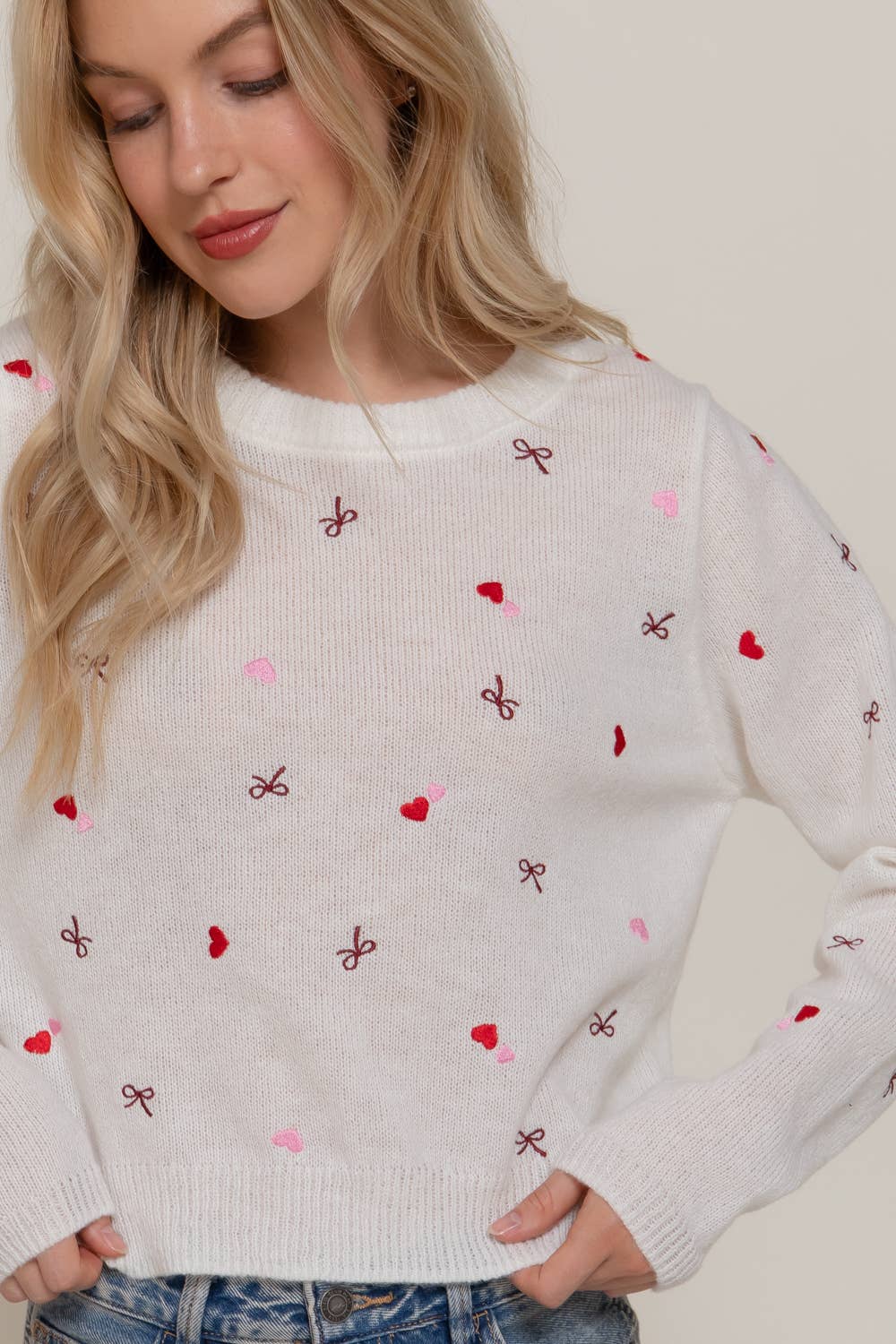 Long Sleeve Round Neck All Over Embroidery Sweater