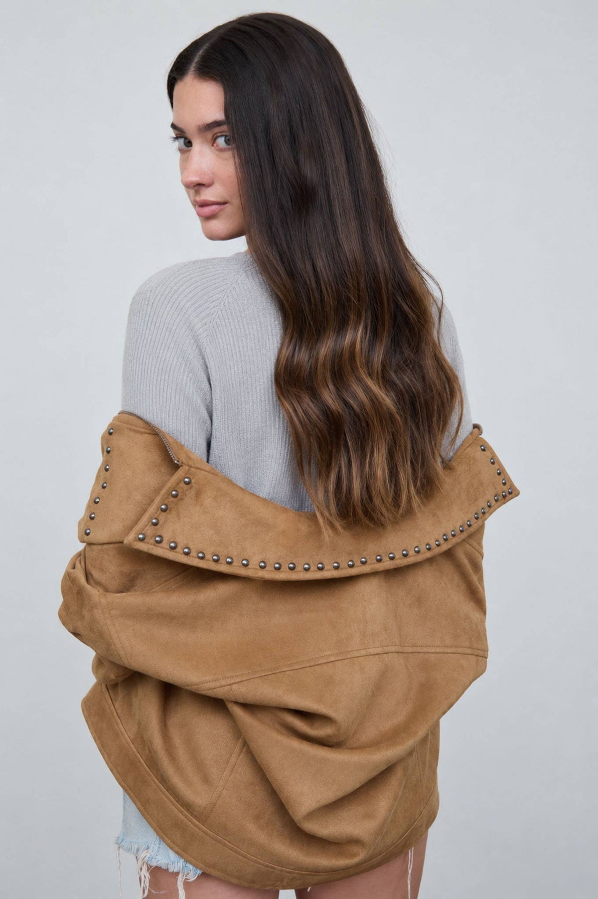 STUDDED COLLARED ZIP-UP SUEDE JACKET