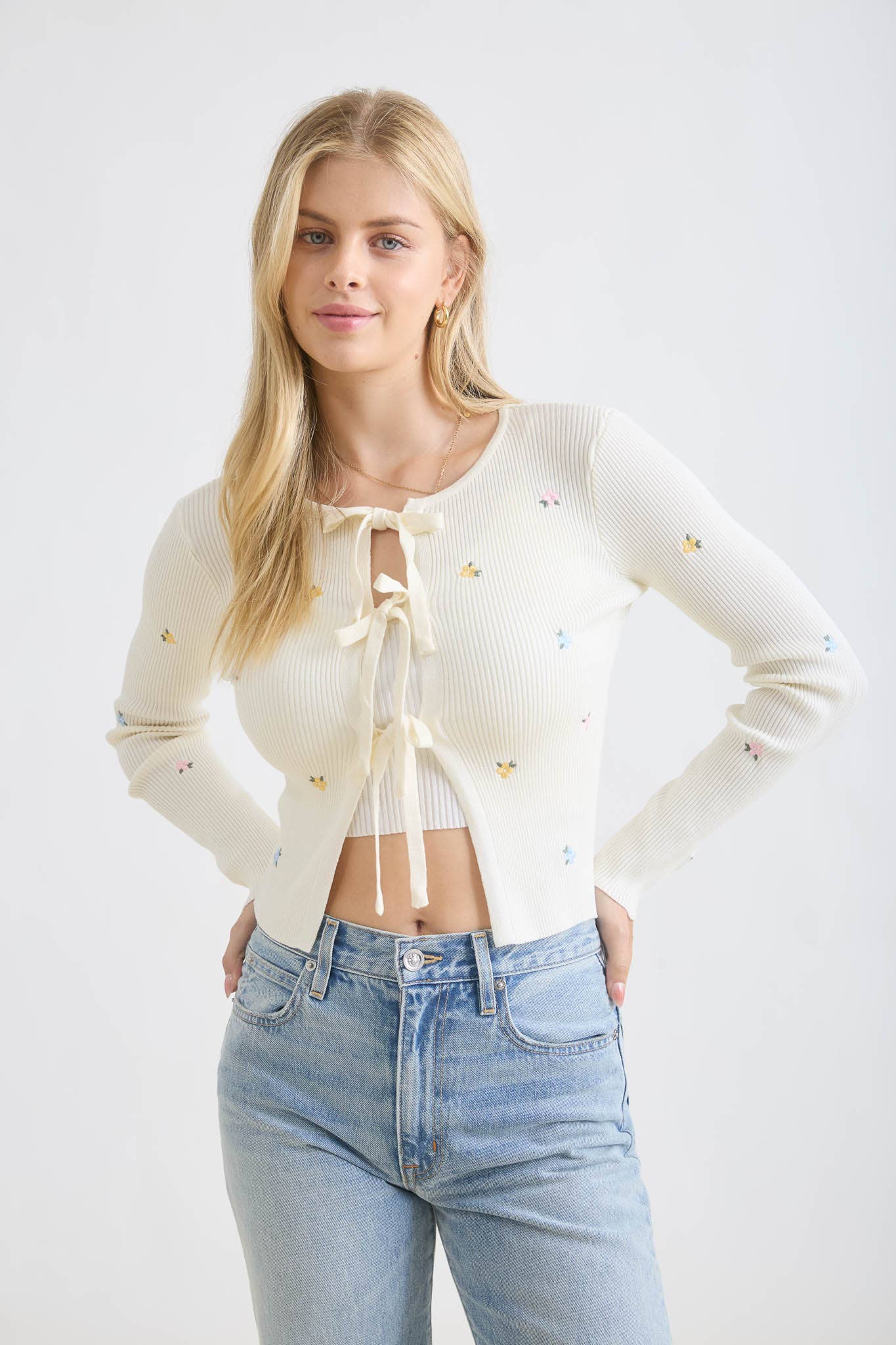 FLORAL EMBROIDERY MULTI FRONT TIE KNIT CARDIGAN