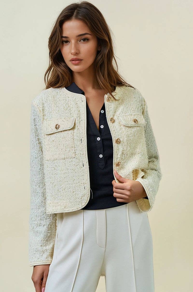 FRINGE TEXTURED KNIT BUTTON FRONT LADY JACKET - 10710J